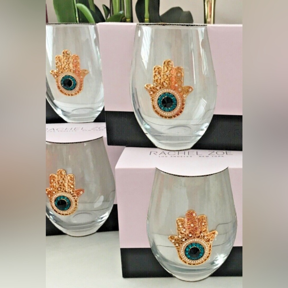 Rachel Zoe Gold Hamsa Eye Stemless Wine Glass